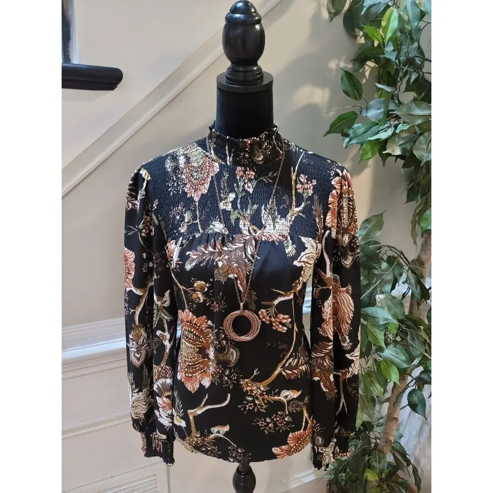 Maison D' Amelie Blouse Women's Small Black Floral Smocked Mock Neck Long Sleeve - Picture 2 of 11